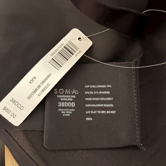 NWT Soma Bra Women's Size 38DDD Vanishing 360 Black Wireless Perfect Coverage - Picture 3 of 3